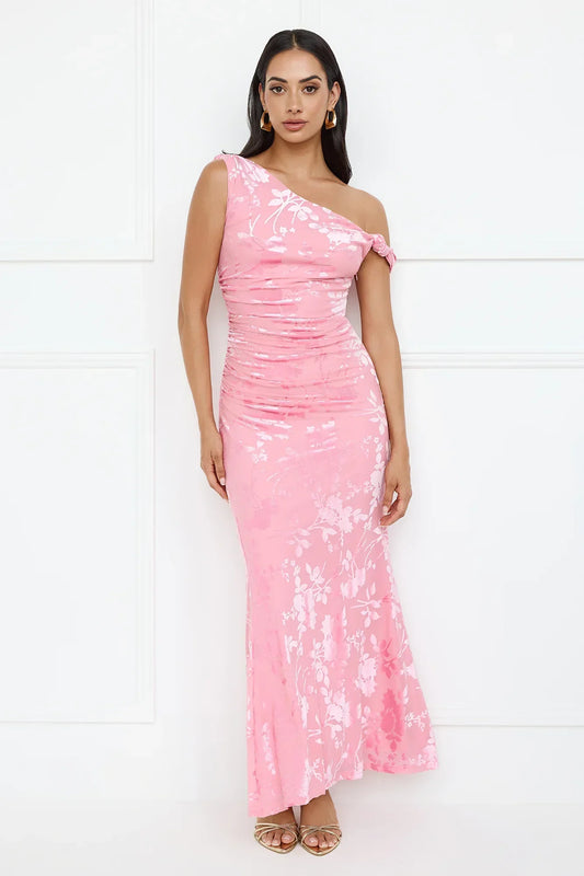 Sultry Poise Mesh Off Shoulder Maxi Dress Pink