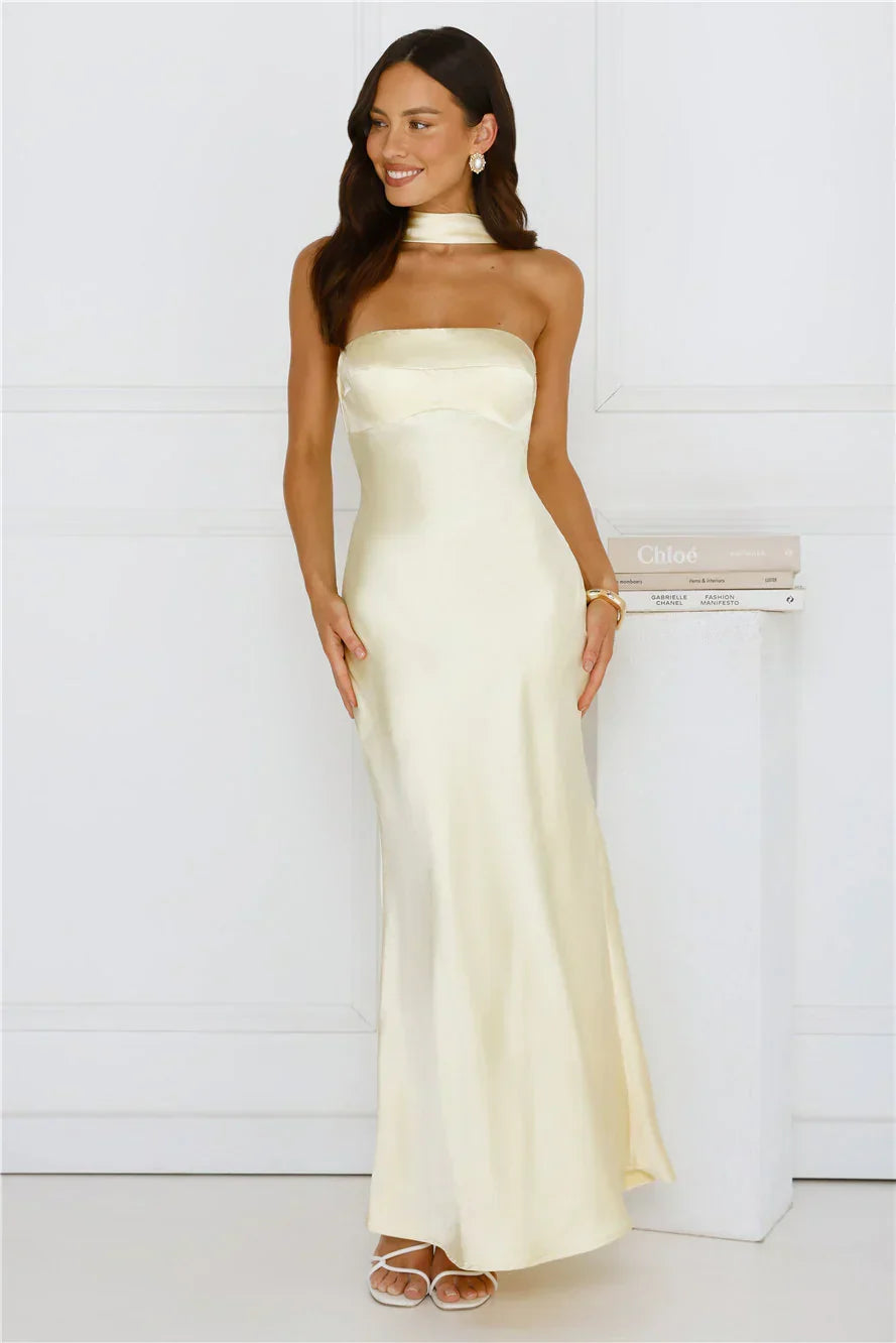 Precious Pearl Satin Maxi Dress Yellow