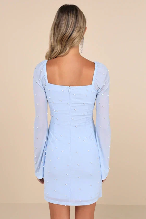 Flirty Luxury Light Pink Mesh Pearl Long Sleeve Mini Dress