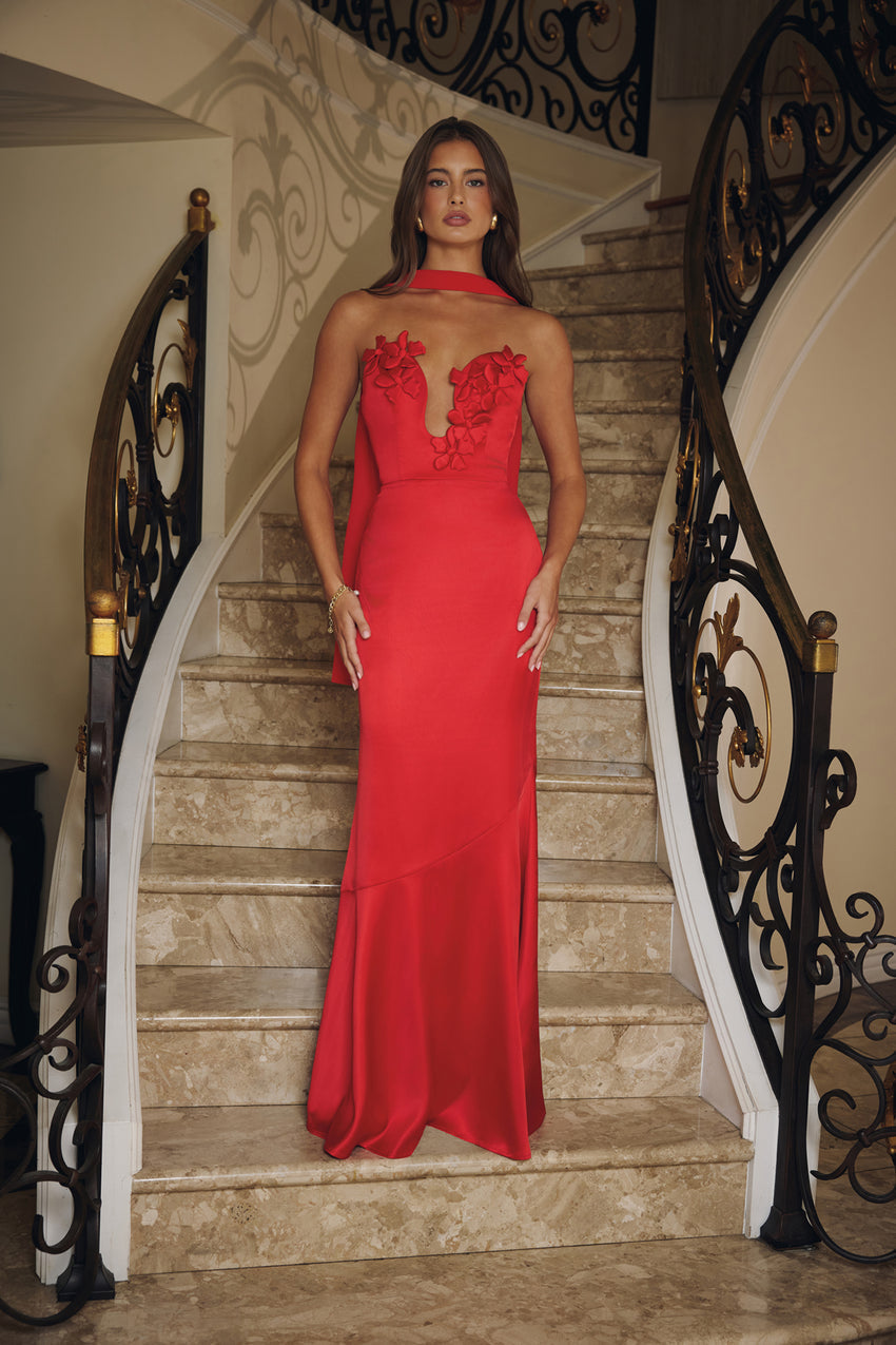 Wild Blossom Dance Strapless Satin Maxi Dress Red