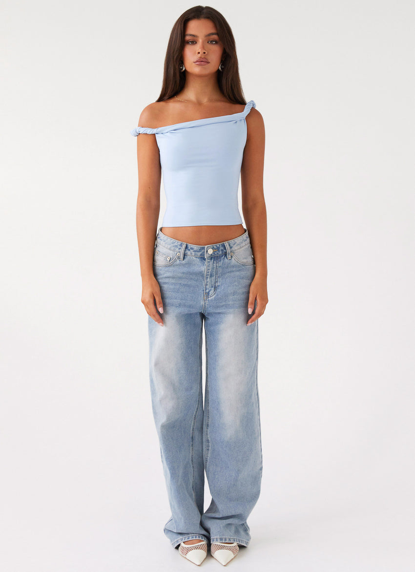 Solace Soul Twist Shoulder Top - Baby Blue
