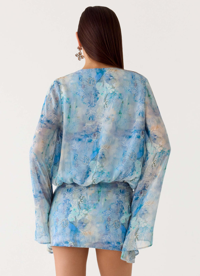 Vanish Into You Mini Dress - Aqua Paisley