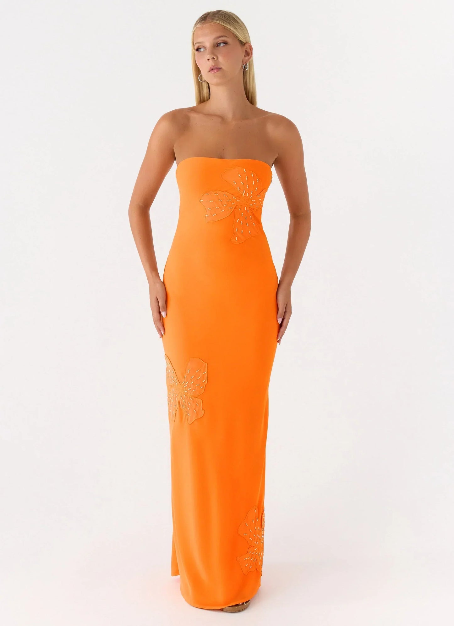 Sassafras Beaded Flower Strapless Maxi Dress - Orange