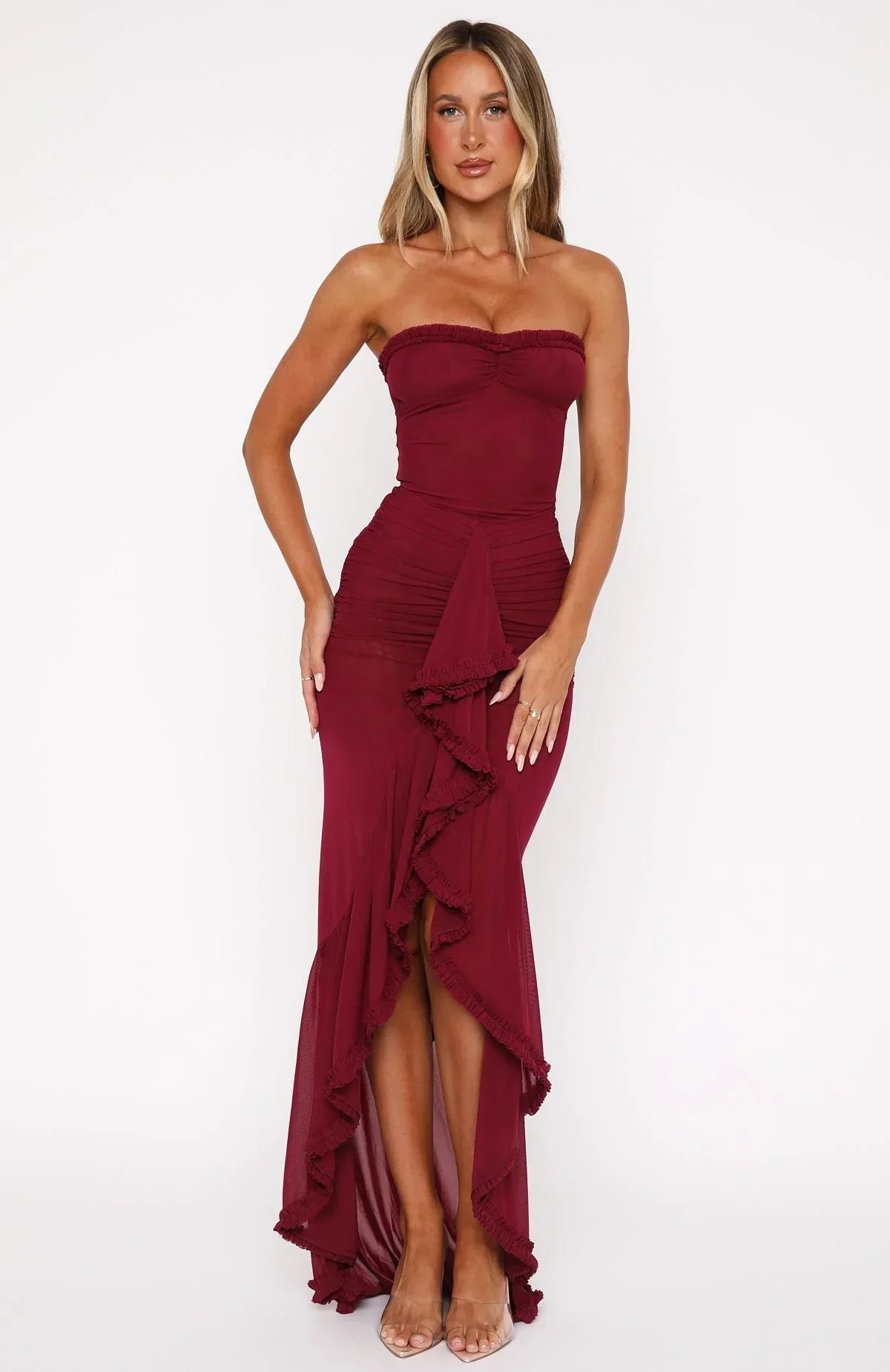 Burgundy Mesh Muse Maxi Dress