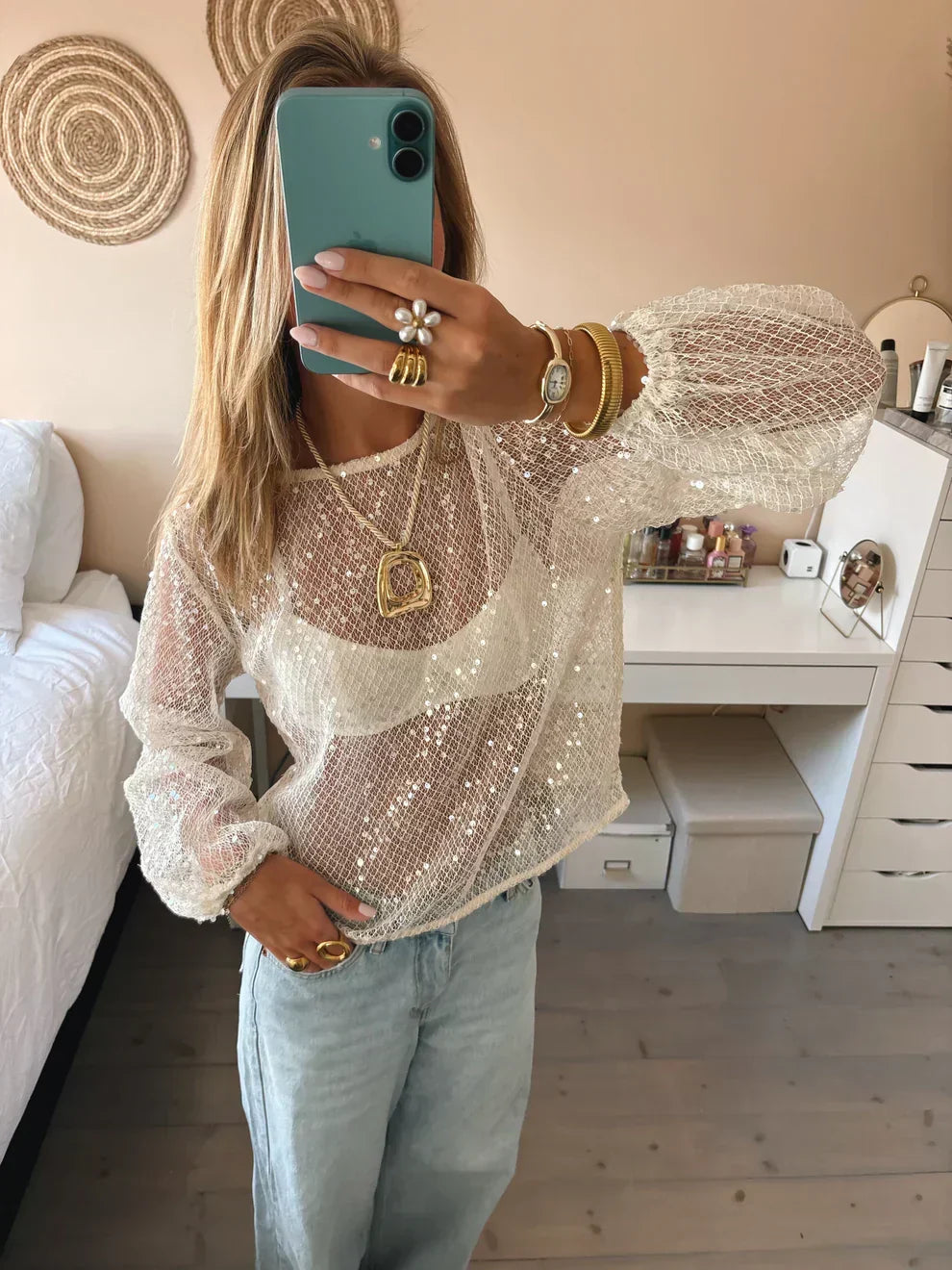 Monica | Women'S Round Neck Sequin Mesh Top
