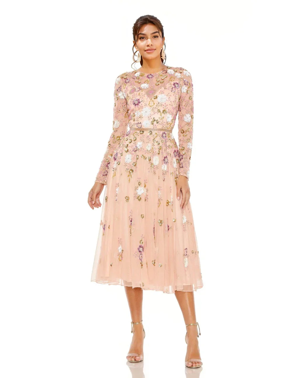 Tea Length Long Sleeve Formal Dress