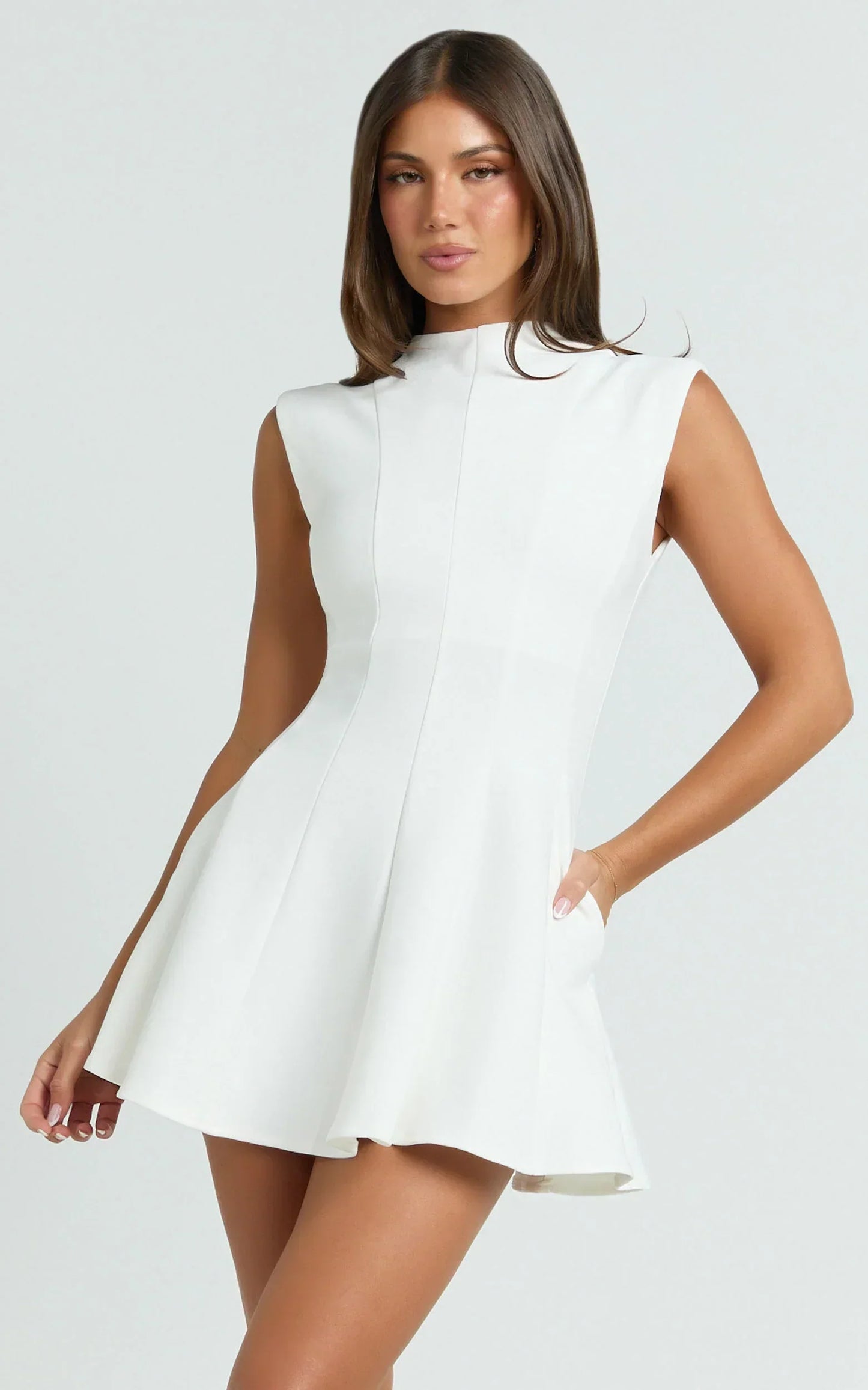 Becky Mini Dress - High Neck Sleeveless Fit And Flare Dress In White