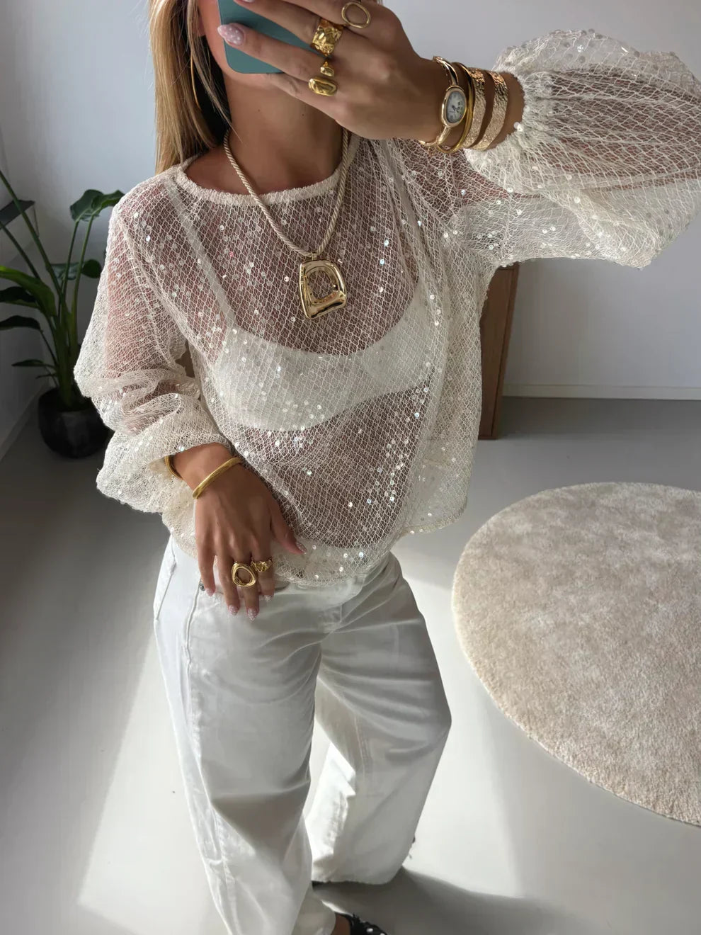 Monica | Women'S Round Neck Sequin Mesh Top