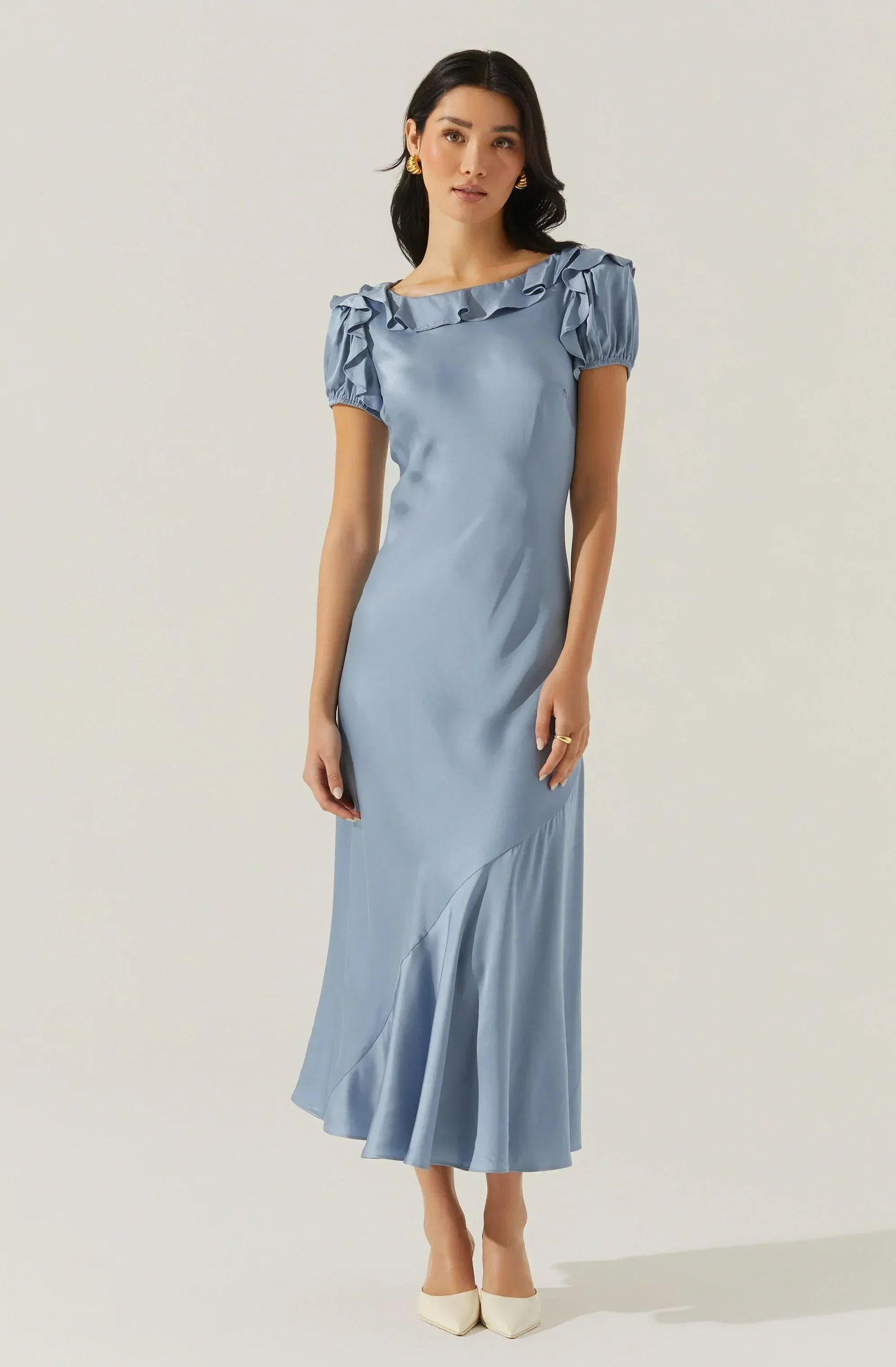 Auden Satin Ruffle Midi Dress