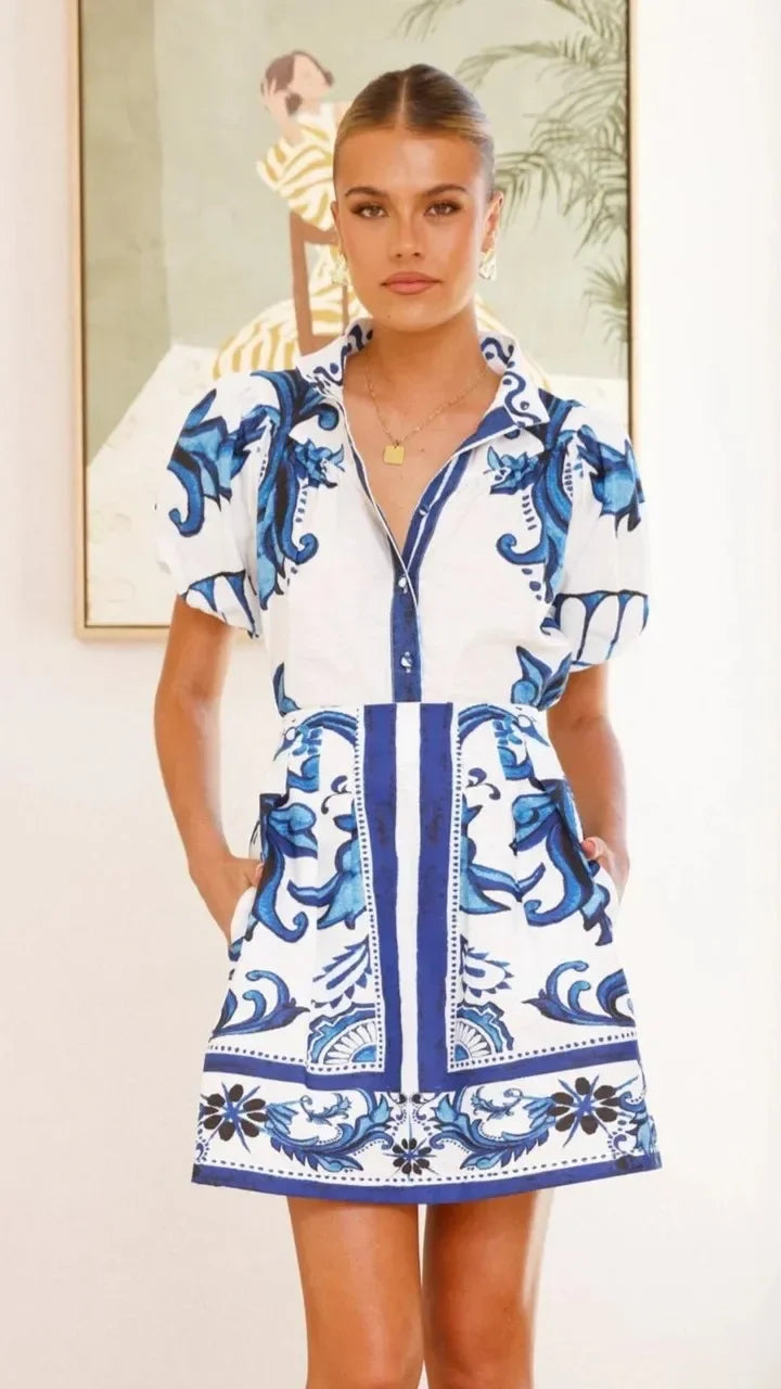 Duttini | Linen Floral Cocktail Dress Set (Top & Skirt)