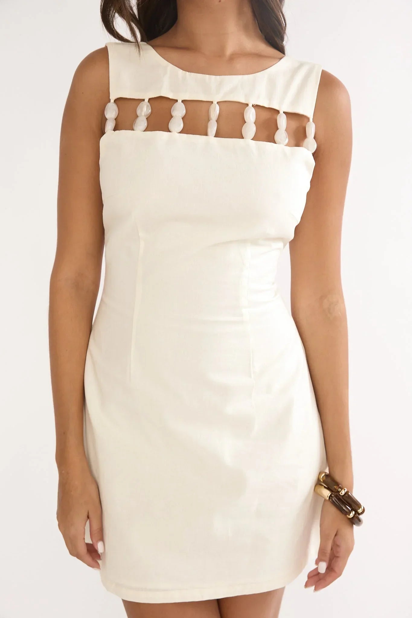 Knowing Bead Neck Mini Dress Cream