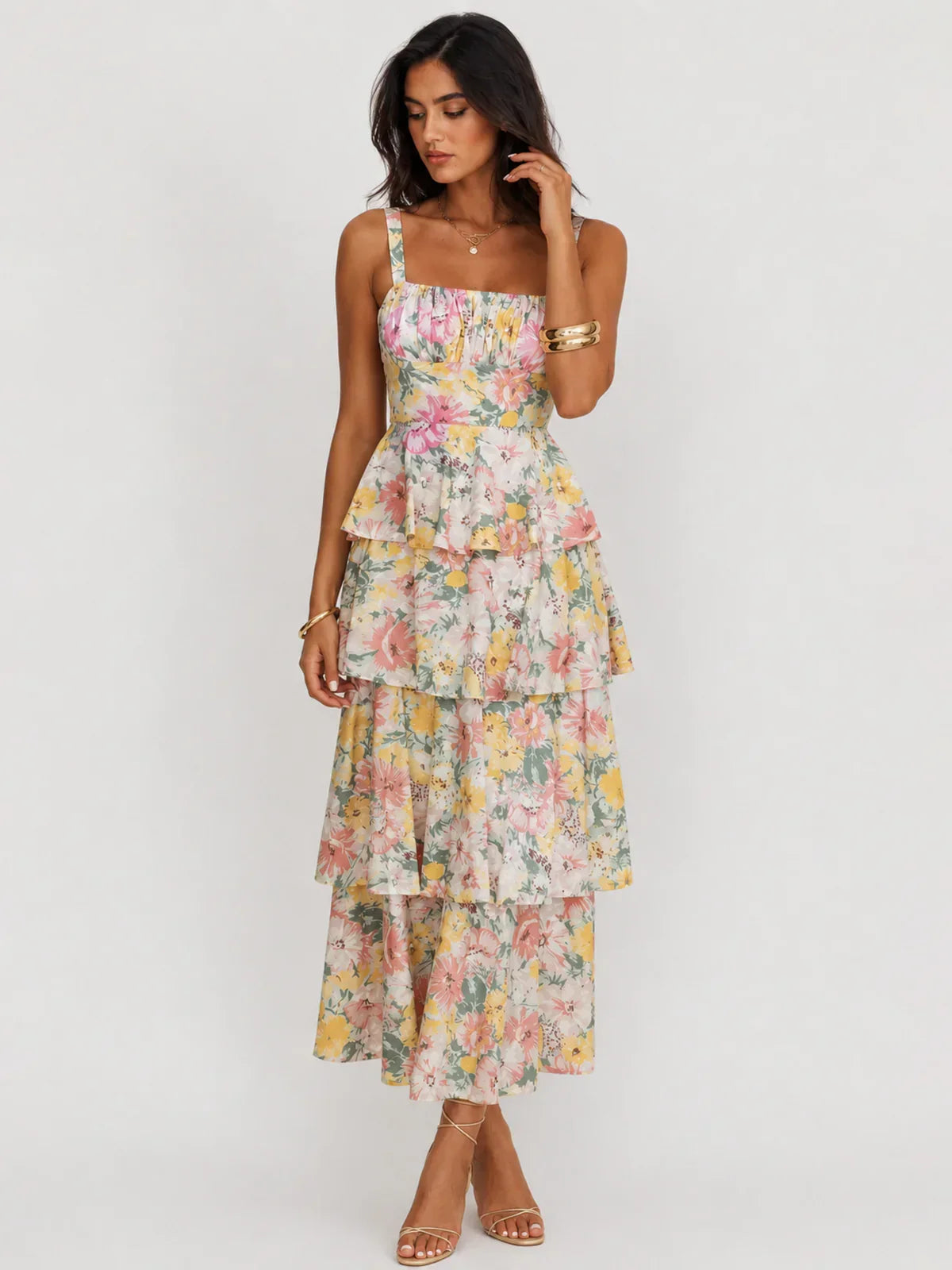 Provence Bloom Tiered Ruffle Maxi Dress Floral