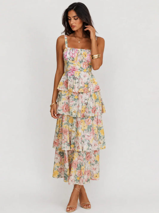 Provence Bloom Tiered Ruffle Maxi Dress Floral