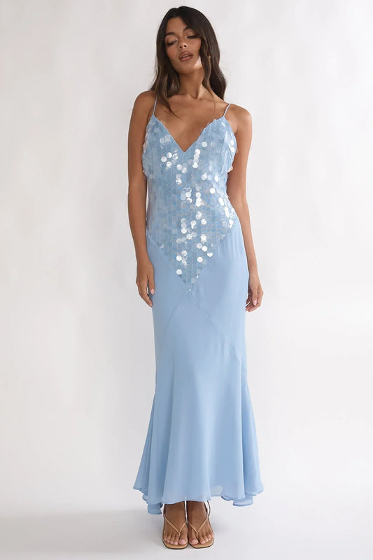 Meranda V Neck Maxi Dress Sequin Blue