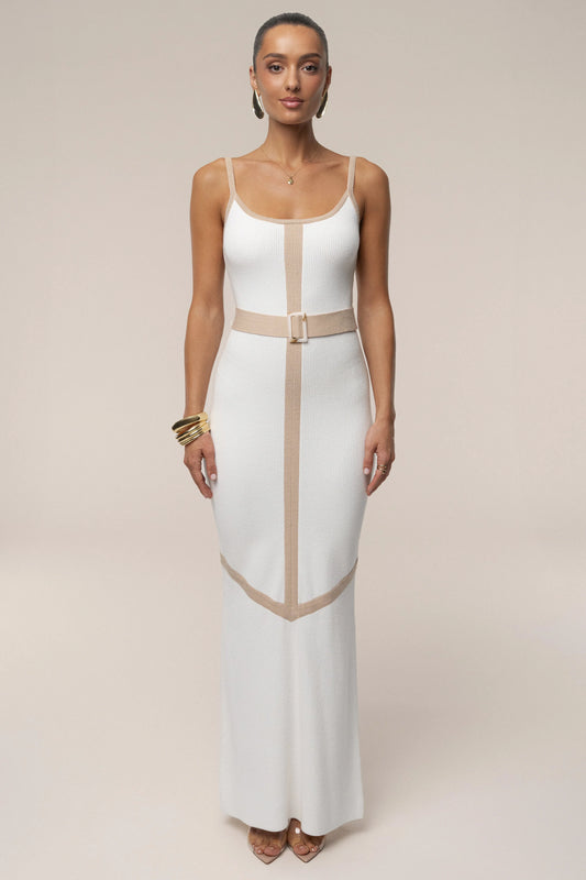 Ivory Beige Belted Cami Maxi Dress