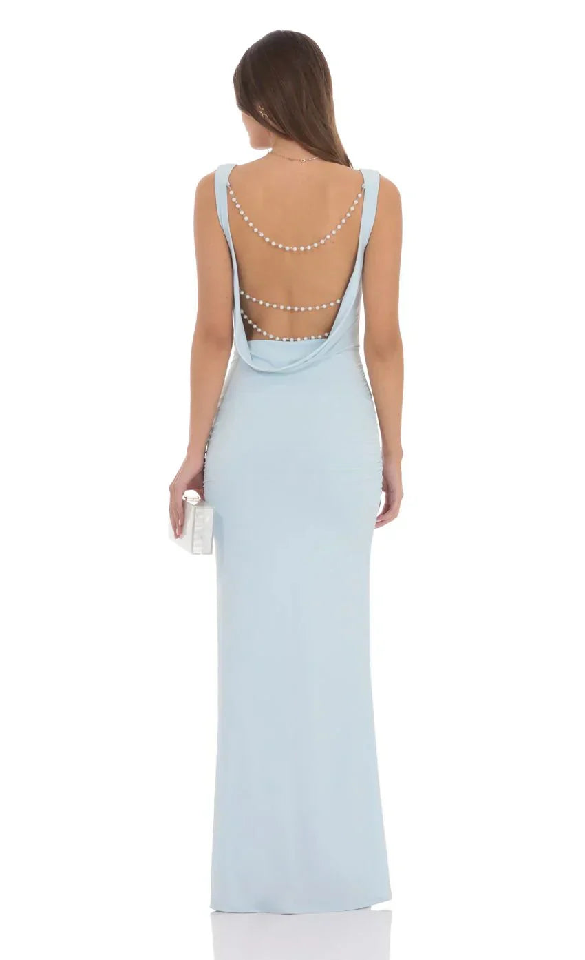 Pearl Open Back Maxi Dress In Light Blue
