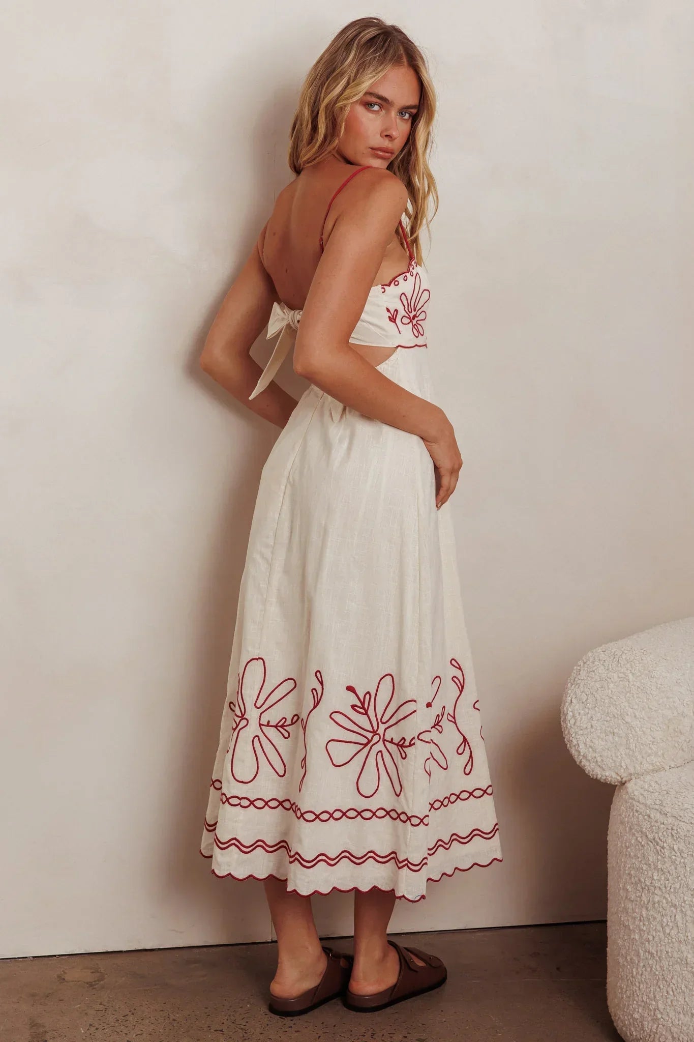 Mondo Scalloped Hem Maxi Dress Embroidered Red