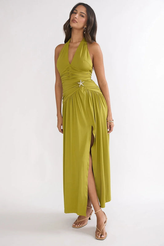 Nightbloom Halter Maxi Dress Olive
