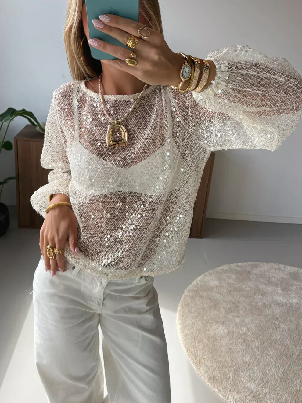 Monica | Women'S Round Neck Sequin Mesh Top