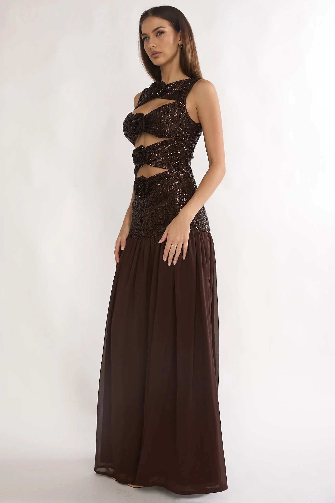 Dioris Sequin Maxi Dress Chocolate