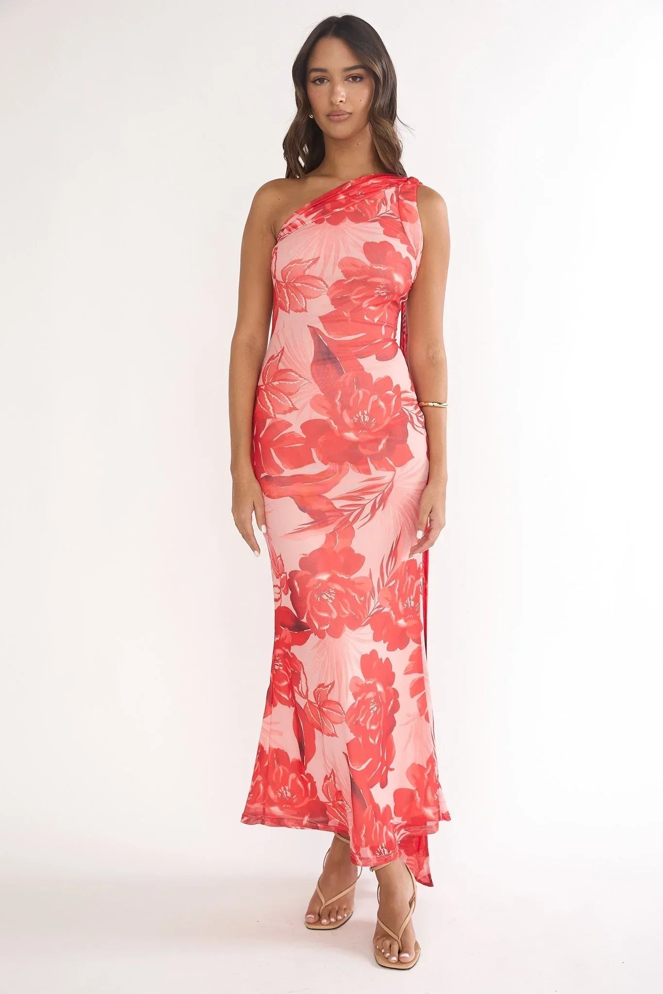 Ilyse Scarf One Shoulder Maxi Dress Floral Red