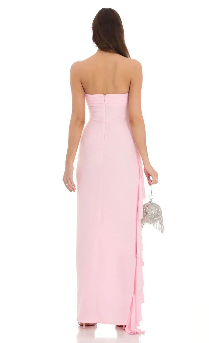 Strapless Ruched Ruffle Maxi Dress In Pink