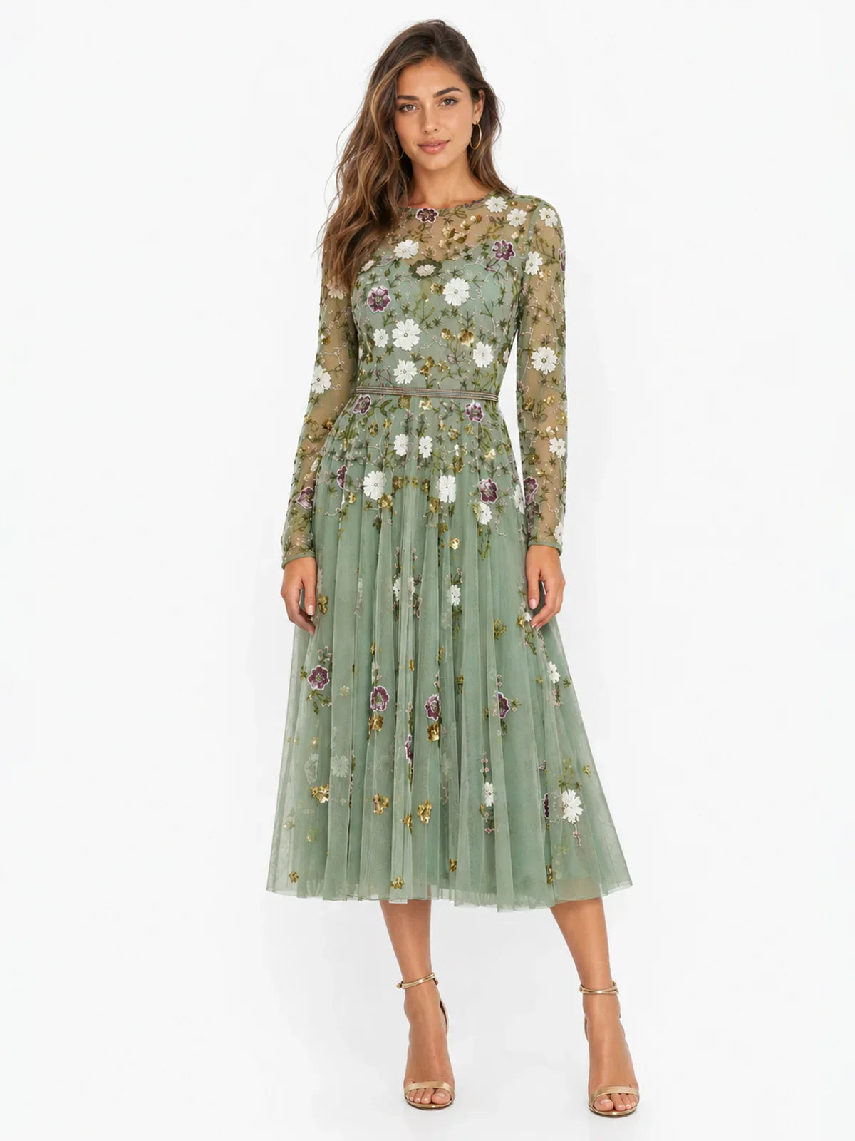 Tea Length Long Sleeve Formal Dress