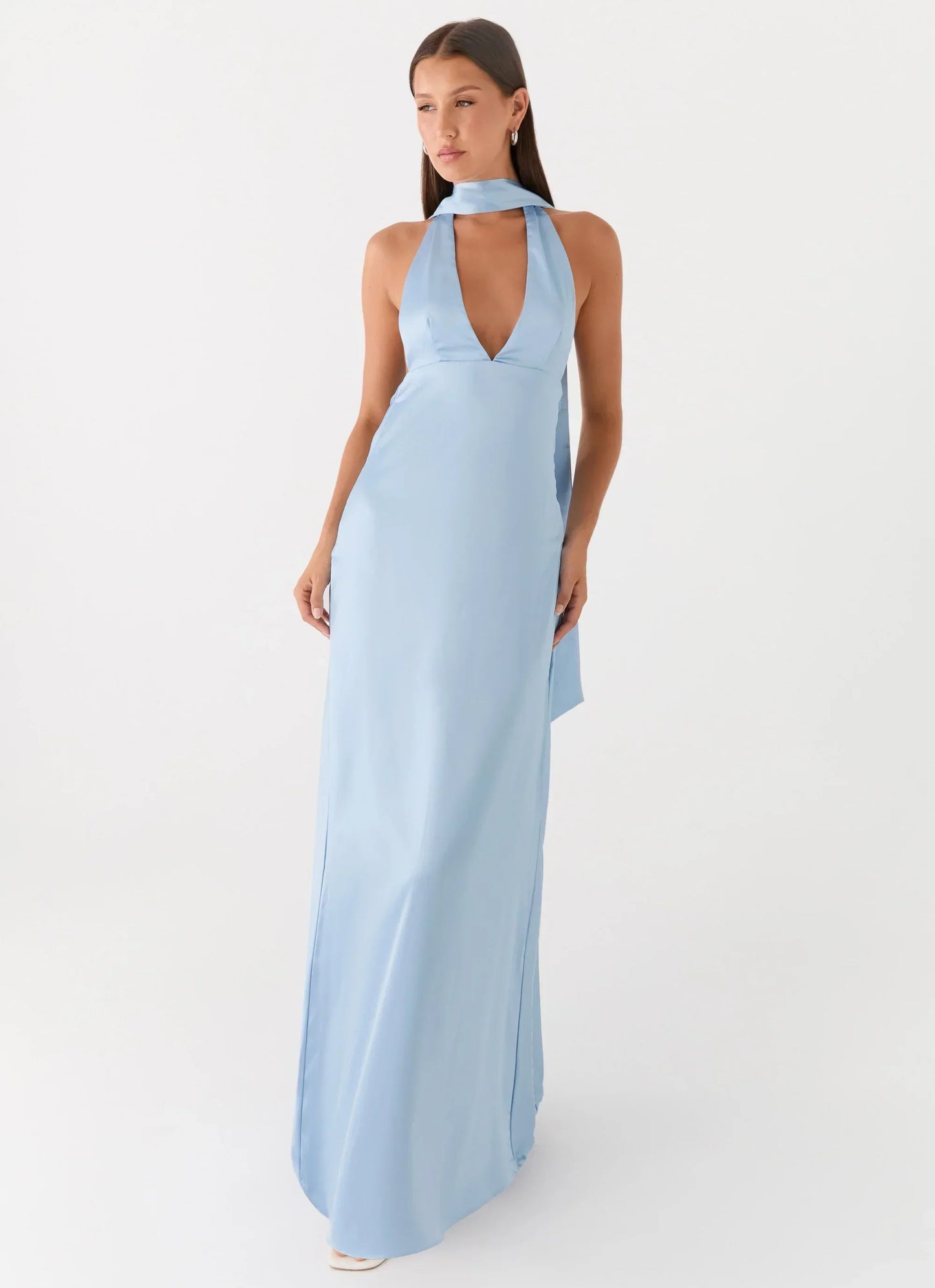 Alicia Satin Halter Maxi Dress - Baby Blue
